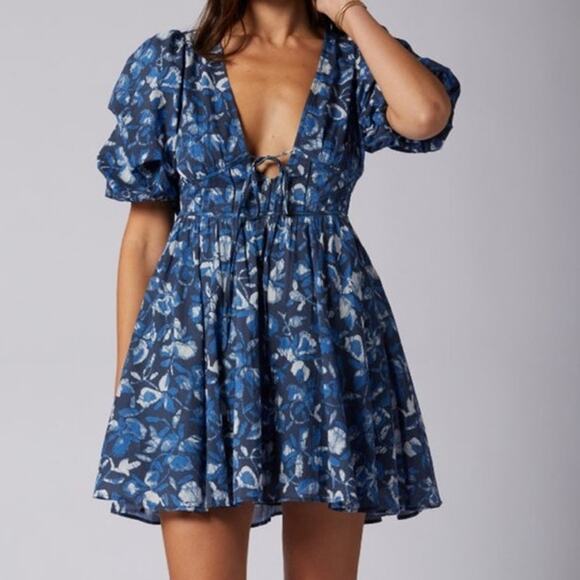 Joie Dresses & Skirts - Joie Womens Plus 1X Lucia Mini Dress Blue White Floral Cotton Plunge Neck NWT